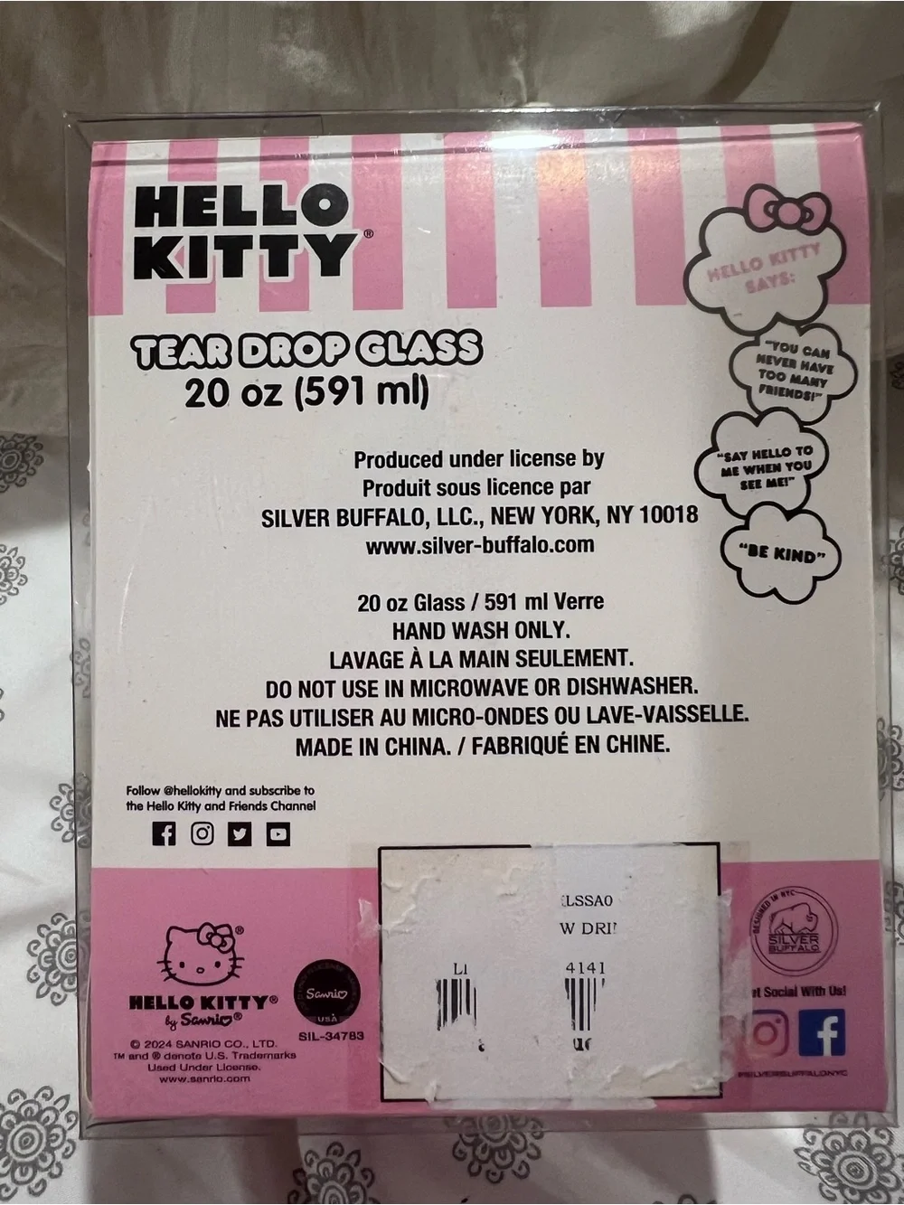 Hello Kitty Clear Tear Drop Glass with Pink Glitter Bow and Multicolor Hearts
